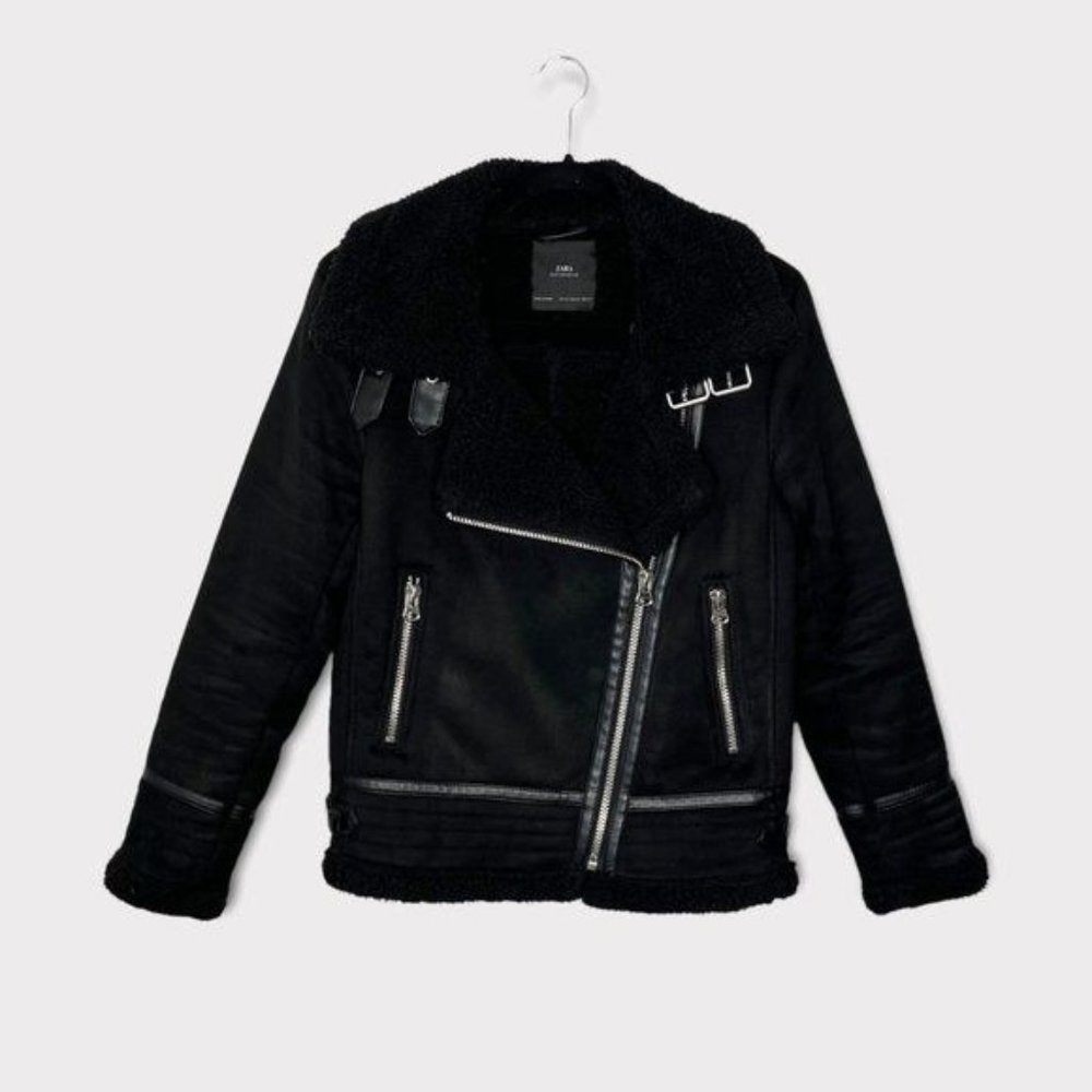 Zara Sherpa Collar Suede Biker Jacket Black Size XS